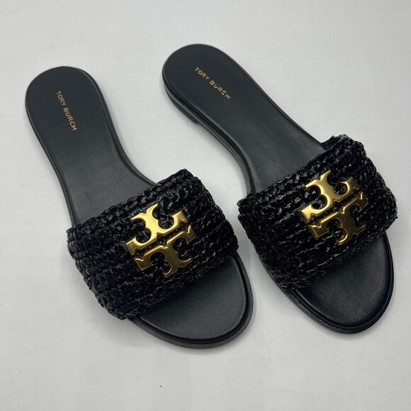 NEW NWT Tory Burch Everly Slide Sandals Perfect Black/Gold Size 8 - Picture 4 of 5